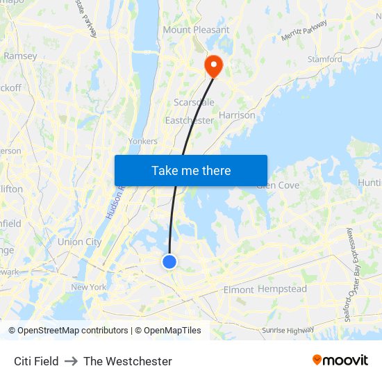 Citi Field to The Westchester map