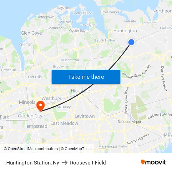Huntington Station, Ny to Roosevelt Field map