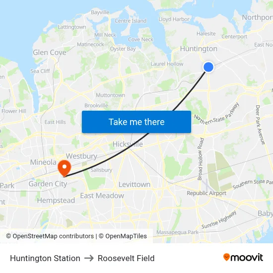 Huntington Station to Roosevelt Field map