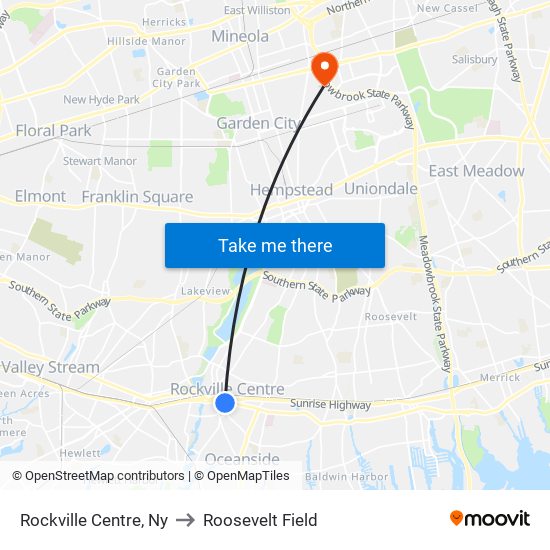 Rockville Centre, Ny to Roosevelt Field map