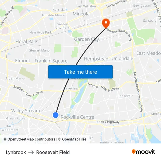 Lynbrook to Roosevelt Field map