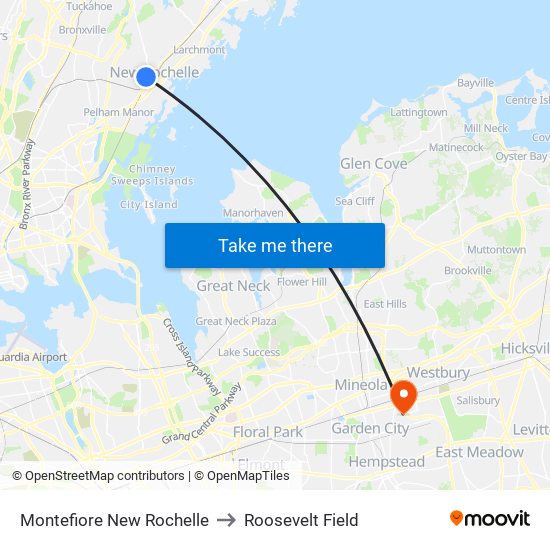 Montefiore New Rochelle to Roosevelt Field map