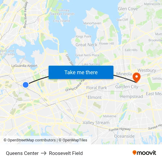 Queens Center to Roosevelt Field map