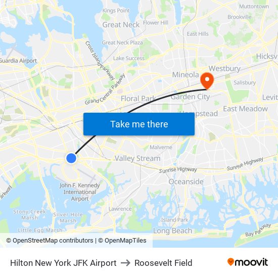 Hilton New York JFK Airport to Roosevelt Field map