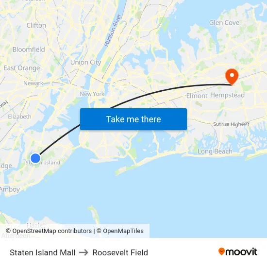 Staten Island Mall to Roosevelt Field map