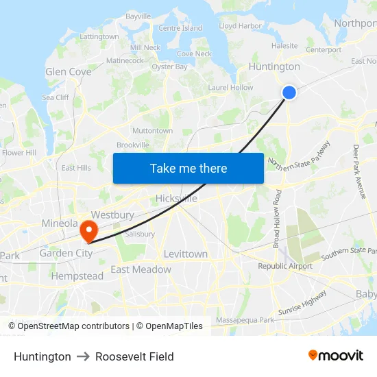 Huntington to Roosevelt Field map