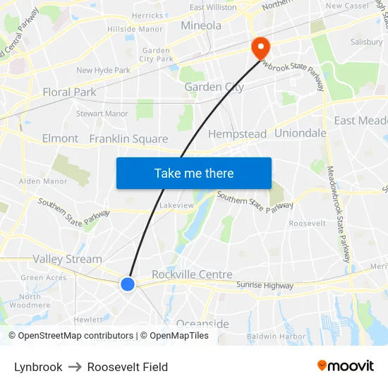 Lynbrook to Roosevelt Field map