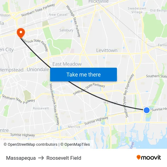 Massapequa to Roosevelt Field map