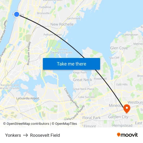Yonkers to Roosevelt Field map