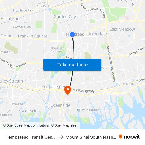 Hempstead Transit Center to Mount Sinai South Nassau map