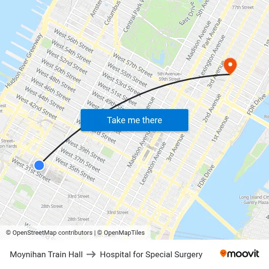 Moynihan Train Hall to Hospital for Special Surgery map