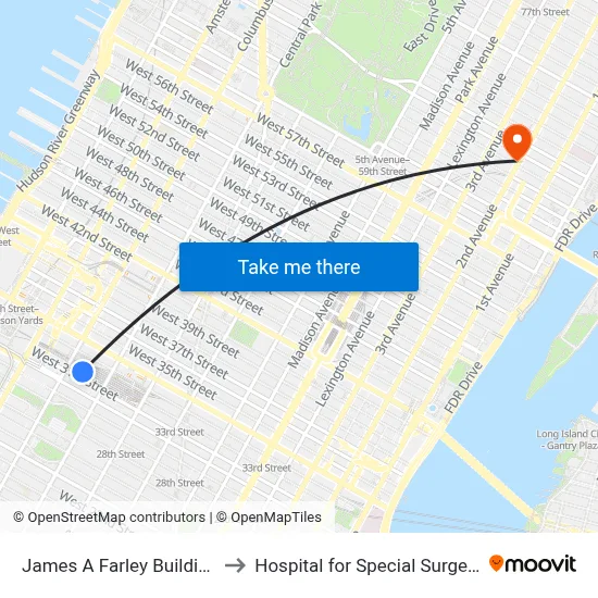 James A Farley Building to Hospital for Special Surgery map