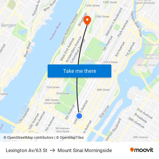 Lexington Av/63 St to Mount Sinai Morningside map