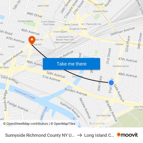 Sunnyside Richmond County NY USA to Long Island City map