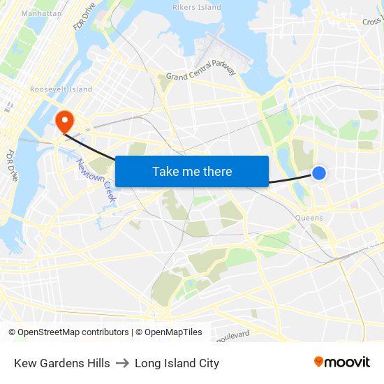 Kew Gardens Hills to Long Island City map