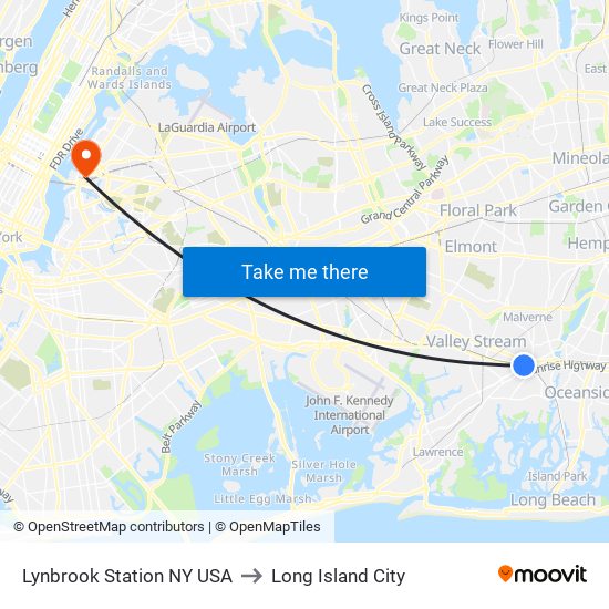 Lynbrook Station NY USA to Long Island City map