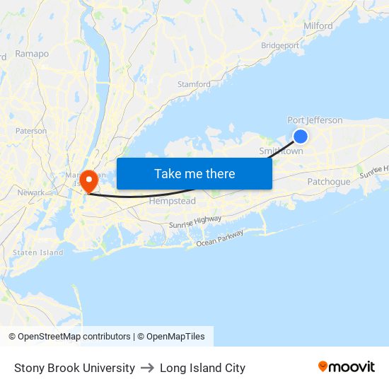 Stony Brook University to Long Island City map