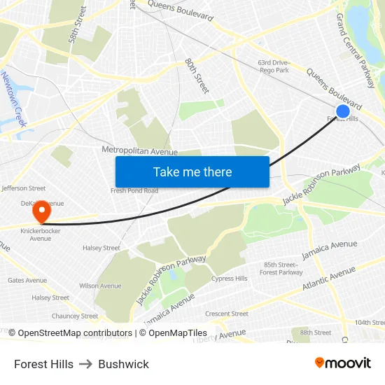 Forest Hills to Bushwick map