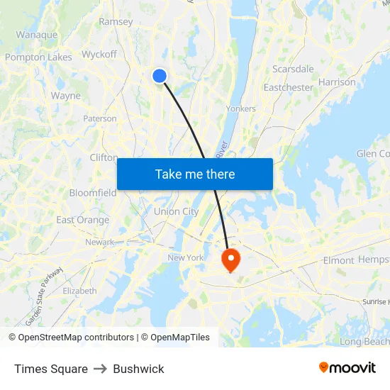 Times Square to Bushwick map