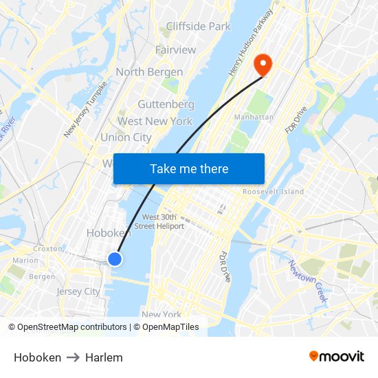 Hoboken to Harlem map