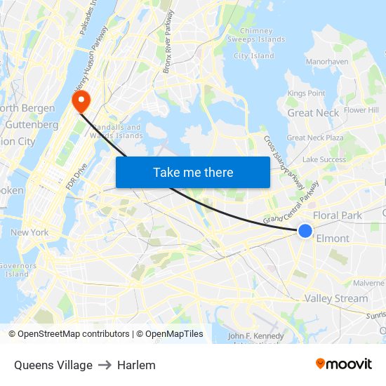 Queens Village to Harlem map