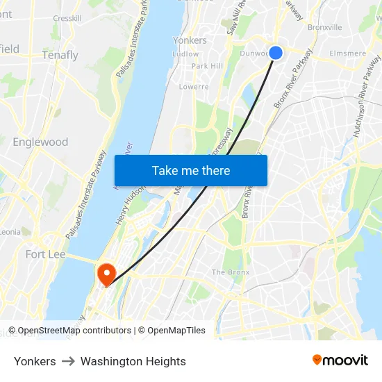Yonkers to Washington Heights map