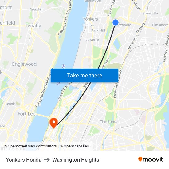 Yonkers Honda to Washington Heights map