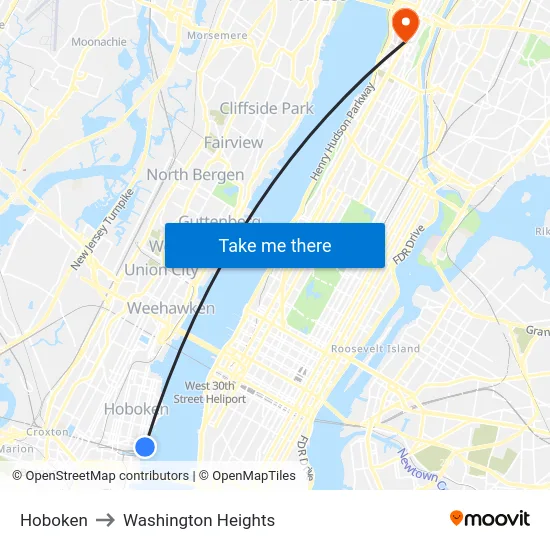 Hoboken to Washington Heights map