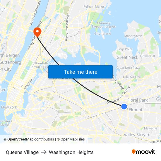 Queens Village to Washington Heights map