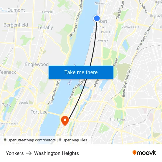 Yonkers to Washington Heights map