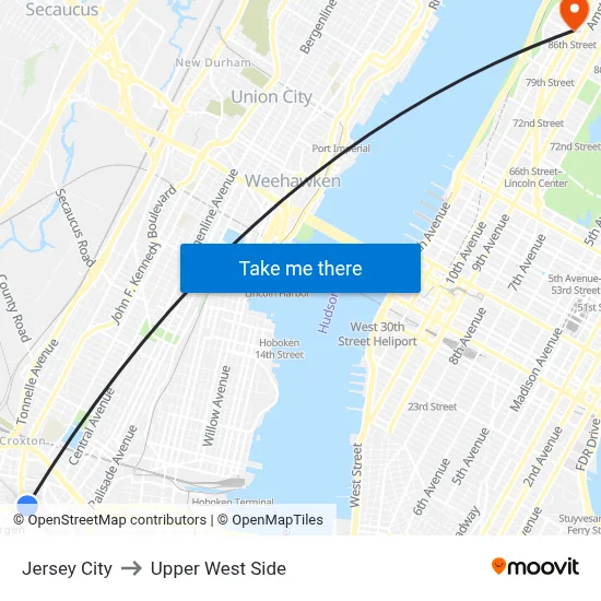 Jersey City to Upper West Side map