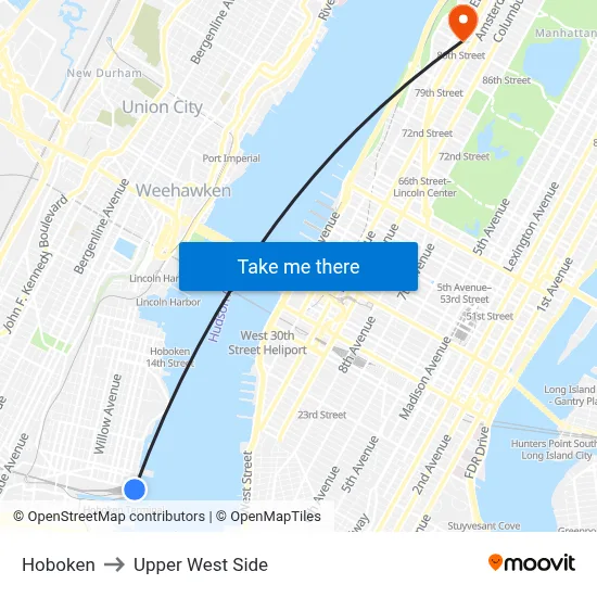 Hoboken to Upper West Side map