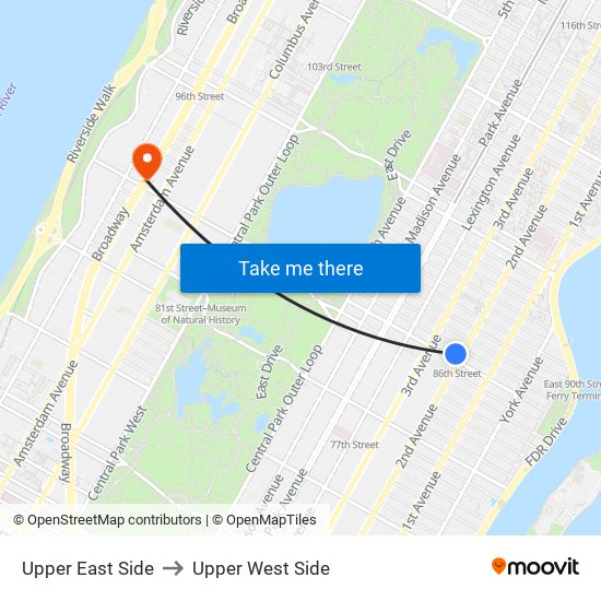 Upper East Side to Upper West Side map