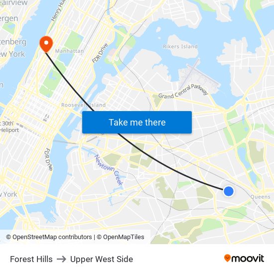 Forest Hills to Upper West Side map