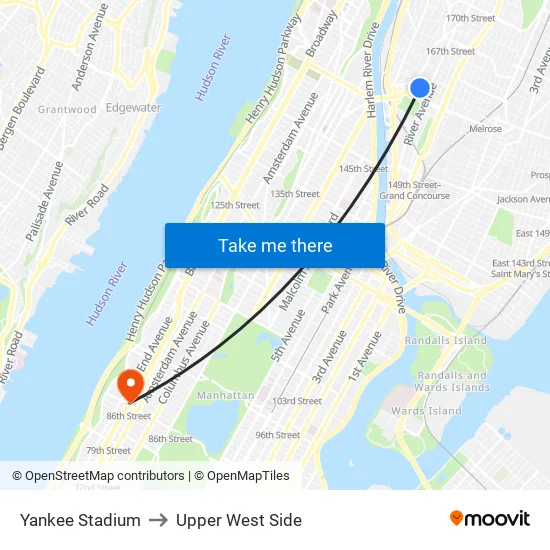 Yankee Stadium to Upper West Side map