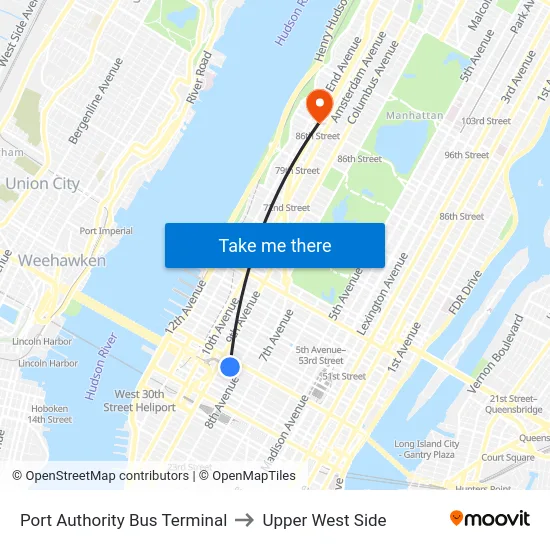 Port Authority Bus Terminal to Upper West Side map