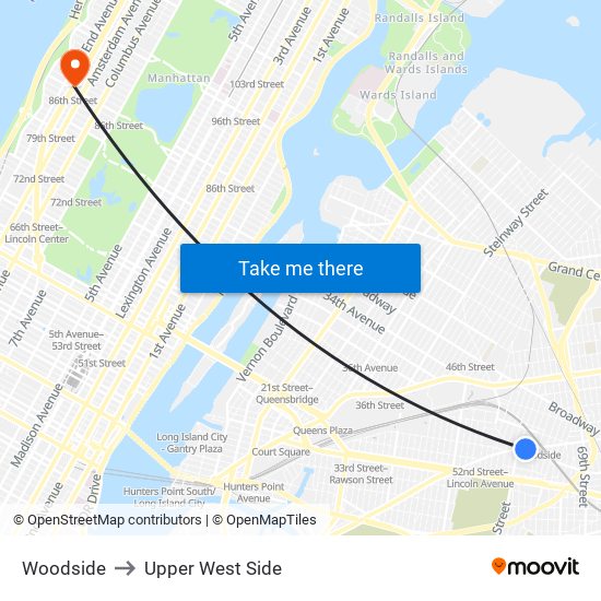 Woodside to Upper West Side map