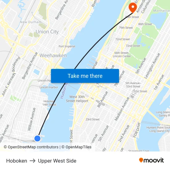 Hoboken to Upper West Side map