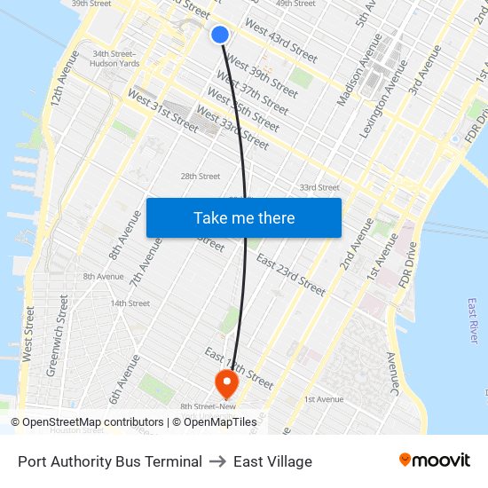 Port Authority Bus Terminal to East Village map