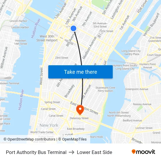 Port Authority Bus Terminal to Lower East Side map