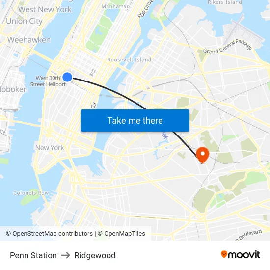 Penn Station to Ridgewood map