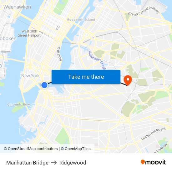 Manhattan Bridge to Ridgewood map