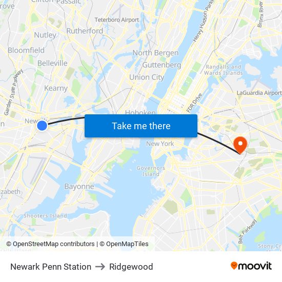 Newark Penn Station to Ridgewood map