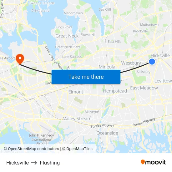 Hicksville to Flushing map