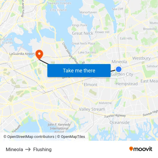 Mineola to Flushing map