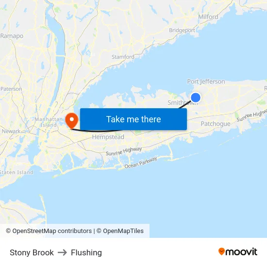 Stony Brook to Flushing map