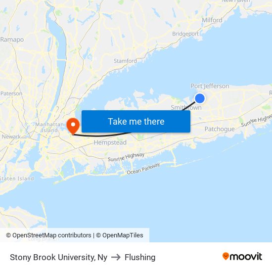 Stony Brook University, Ny to Flushing map