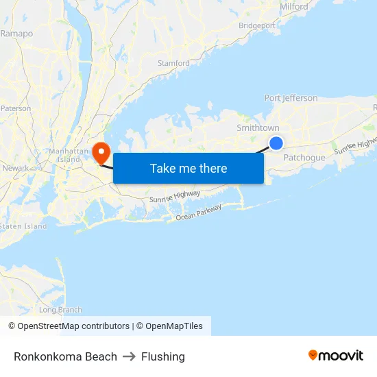 Ronkonkoma Beach to Flushing map
