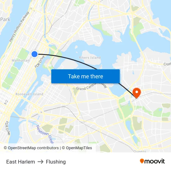 East Harlem to Flushing map