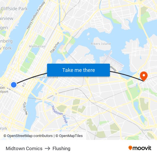 Midtown Comics to Flushing map